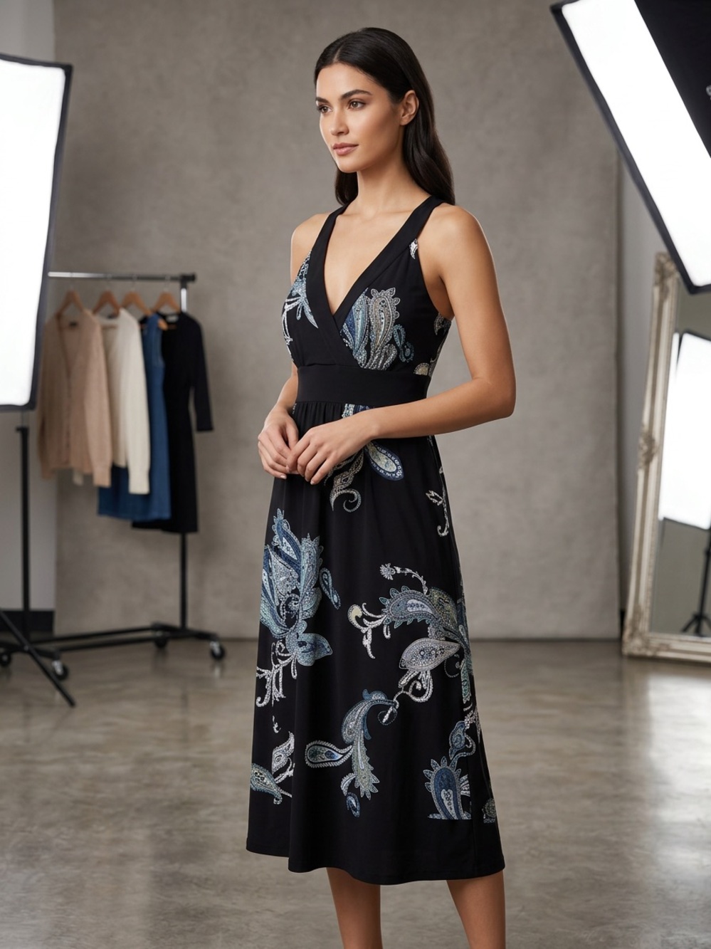 Sleeveless Black Paisley V-Neck Midi Dress